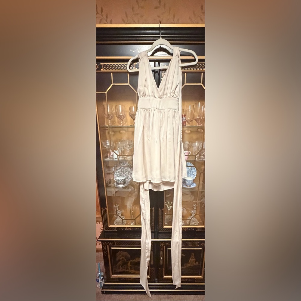 Lena Cream Halter High-Low Dress with Long Waist Ties